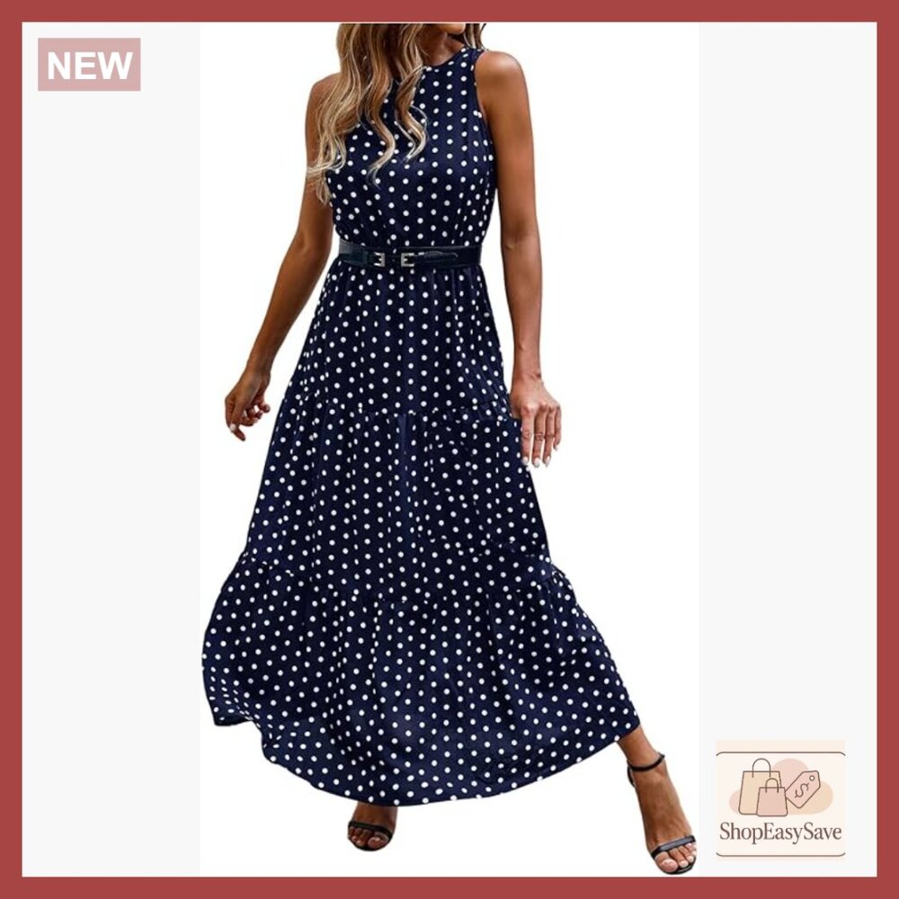 Polka Dot Maxi Dress Elegant Sleeveless Flowy Ruffle Hem A-Line Formal
